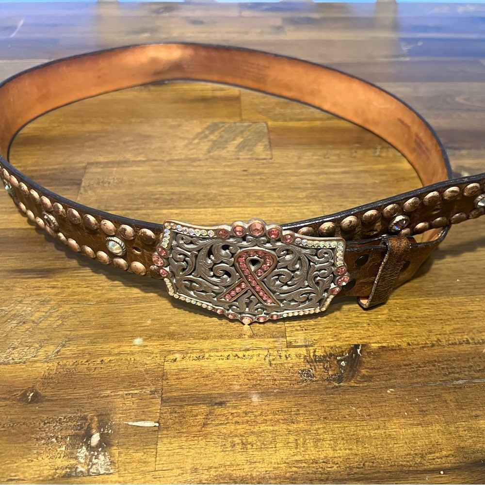 Leather Studded Belt with Pink Ribbon Buckle - Women Accessories
